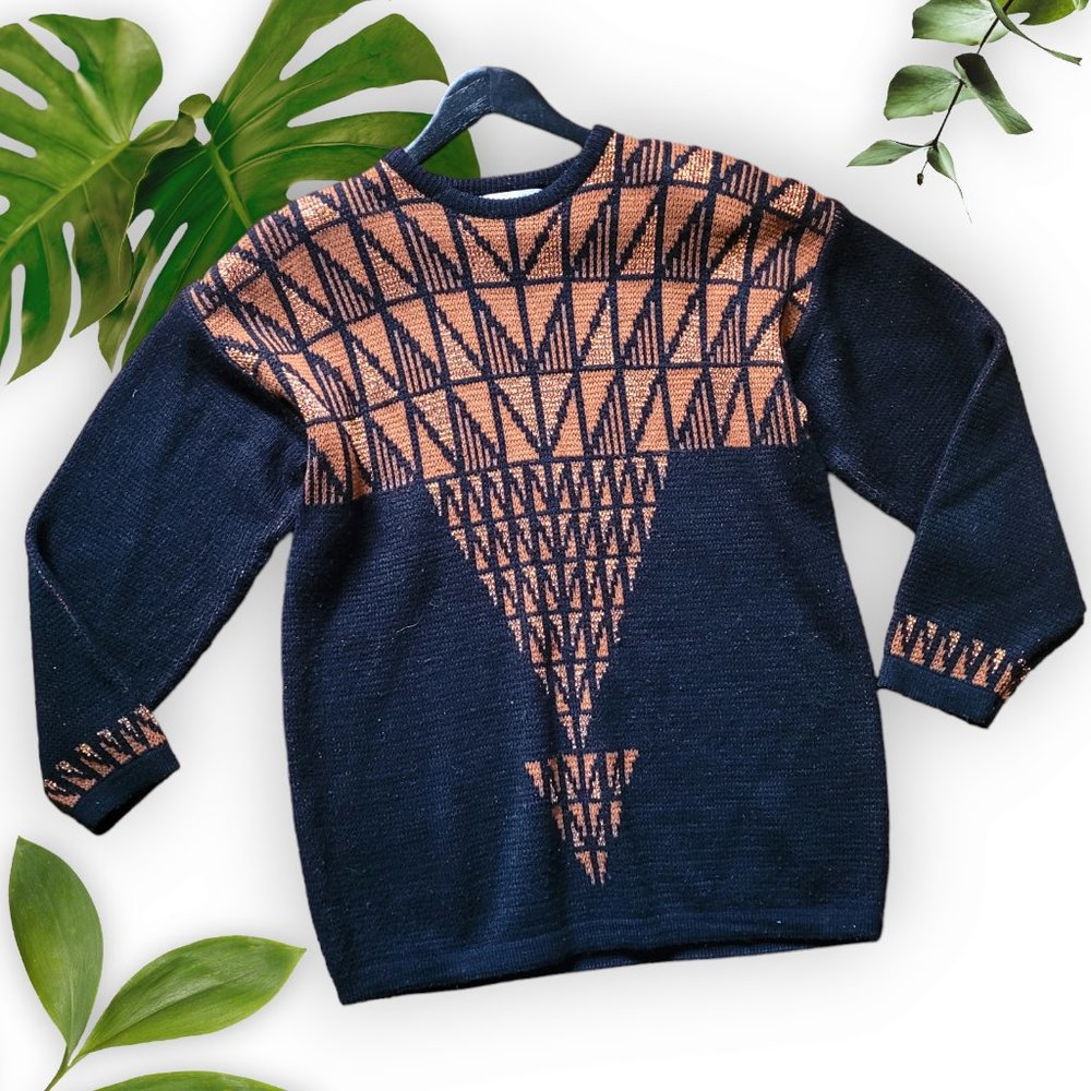 Vintage Geometric Black Copper Sweater, ~sz Large